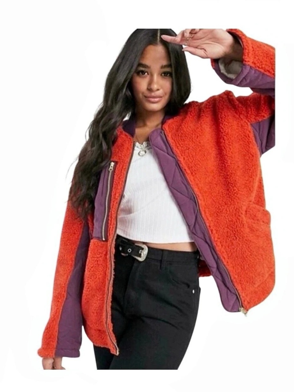 We The Free Color Block Fleece Bomber in Orange & Purple Size Small NWOT